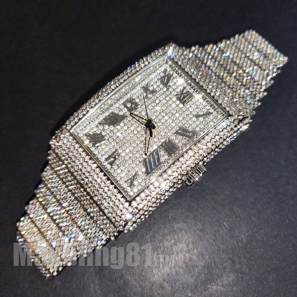 Men Full Iced Band Simulated Diamond Gold Silver Finish Hip Hop Metal Icy Watch - Picture 7 of 9